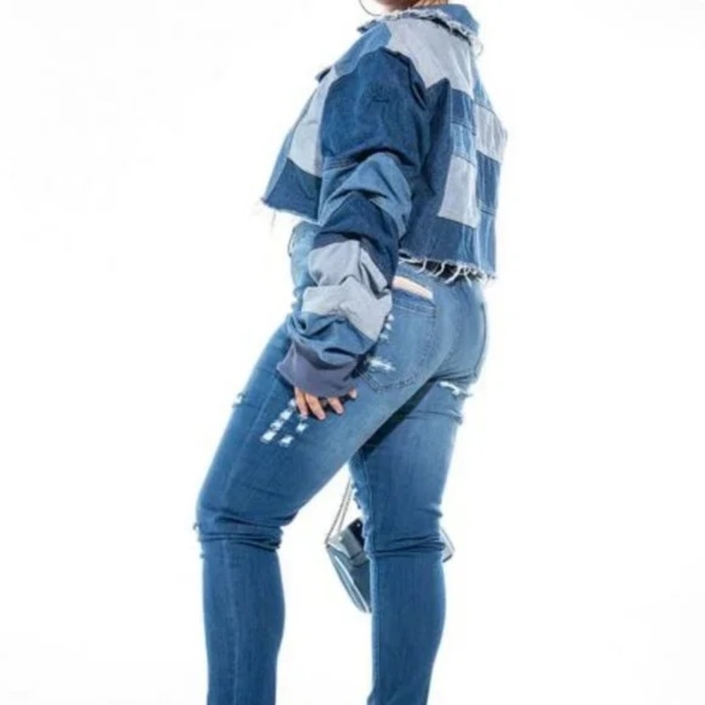 NWT AZALEA WANG ALL PATCHED UP PATCHWORKED  CROP DENIM JACKET - Picture 3 of 14